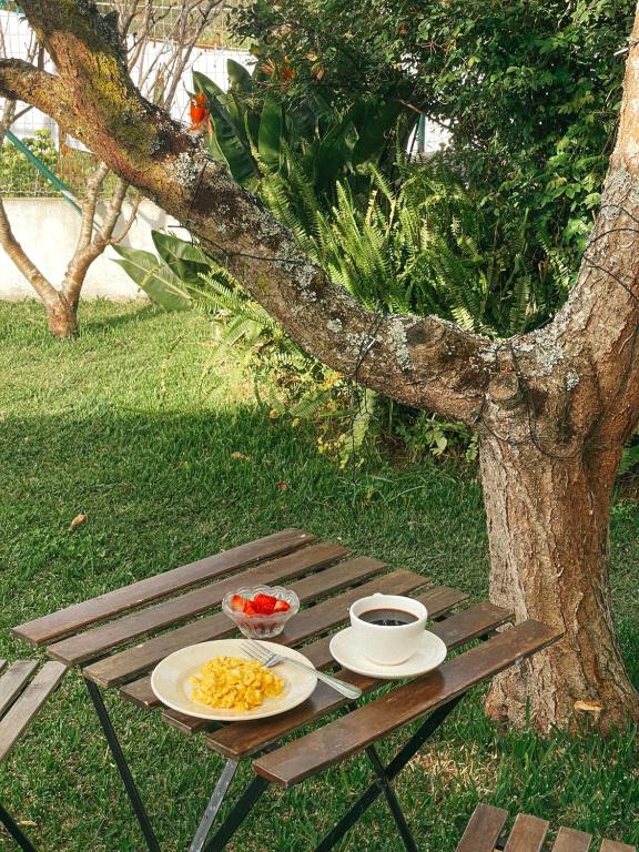 a table with plates of food on it next to a tree at Quinta Amarela - B&B in Nazaré