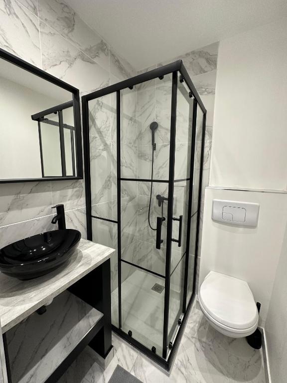 a bathroom with a glass shower with a toilet at La maison de Giulia Menton in Menton