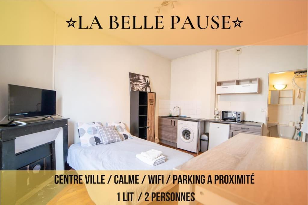 a small room with a bed and a kitchen at LA BELLE PAUSE - Studio Auxerre proche parking in Auxerre