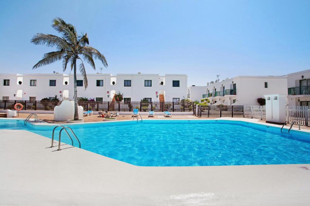 a swimming pool with a palm tree and buildings at Piso Relax - Carpe Mundi in Corralejo