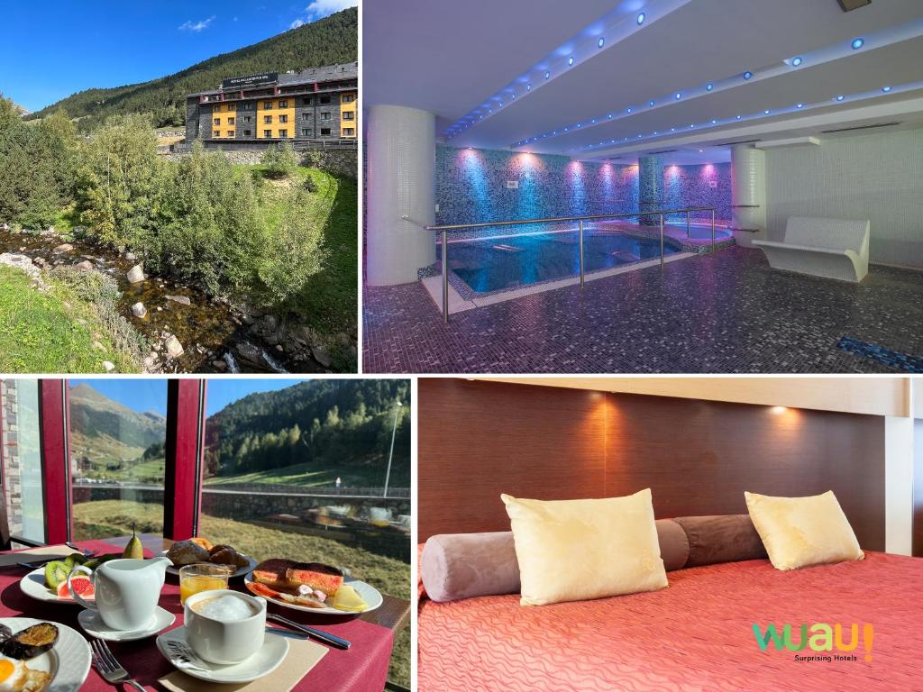 un collage de fotos de una habitación con una mesa con comida en Wuau! Hotel Galanthus & Spa, en Soldeu