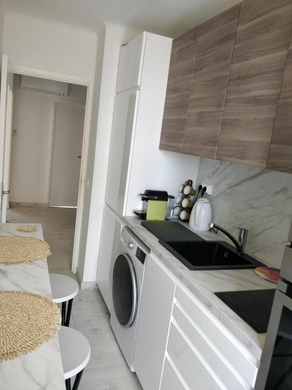une cuisine avec un évier et une machine à laver dans l'établissement F2 lumineux 8 min à pieds de la plage, à Nice