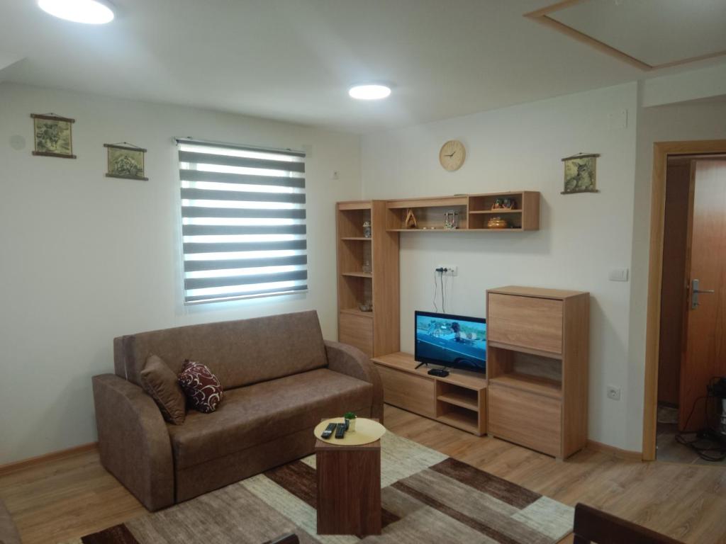 Vila Tutić Apartman 1 i Apartman 2 في ميترفاتس: غرفة معيشة مع أريكة وتلفزيون