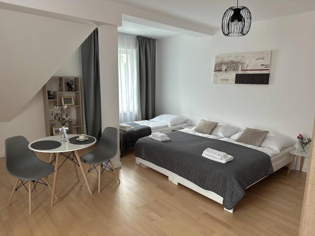 布拉格的住宿－Rezidence Kbely，卧室配有一张床和一张桌子及椅子