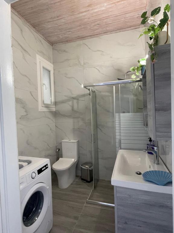 een badkamer met een wasmachine en een wastafel bij Aqua Mare Luxury Apartments in Amfilochía