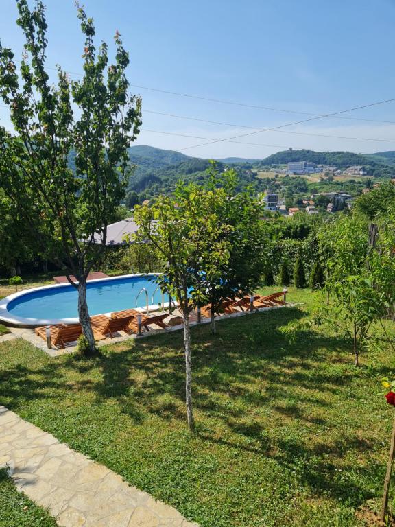 una piscina en un patio con árboles en un campo en Apartmani Radaković, en Vrdnik