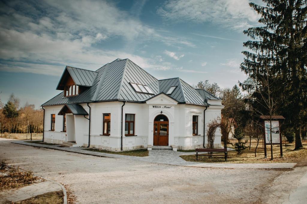 Biały dom z czarnym dachem w obiekcie Willa Irena w Solcu-Zdroju