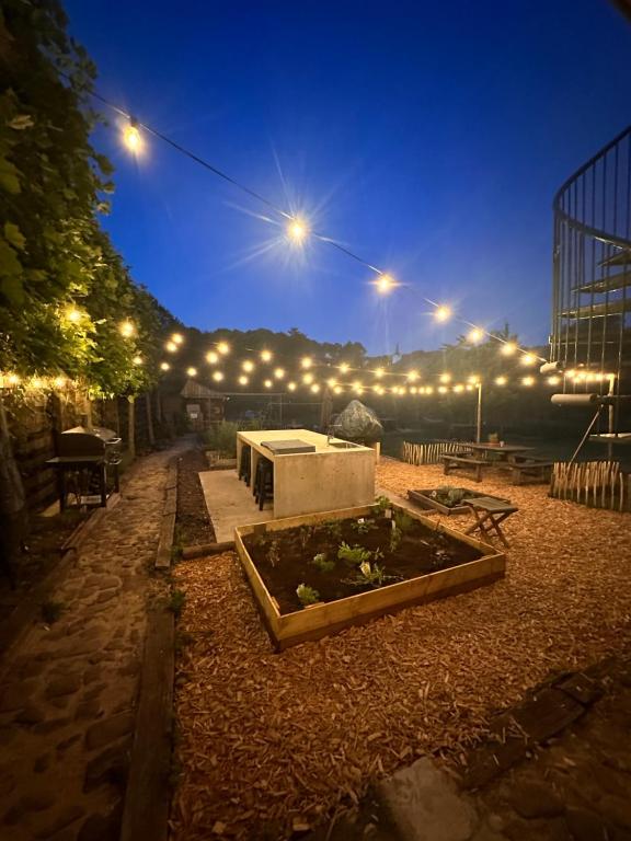 a courtyard with a garden at night with lights at Lodge 1854 in Densborn