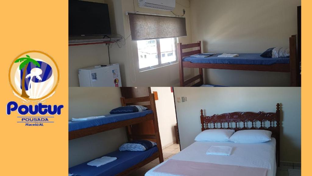 two pictures of a room with two bunk beds at Poutur Pousada in Maceió