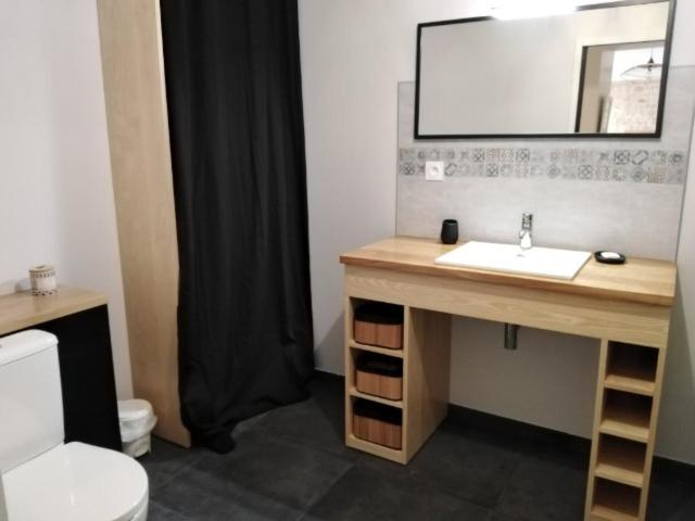 Melle的住宿－Chambre d’hôtes de la Source，一间带水槽、卫生间和镜子的浴室