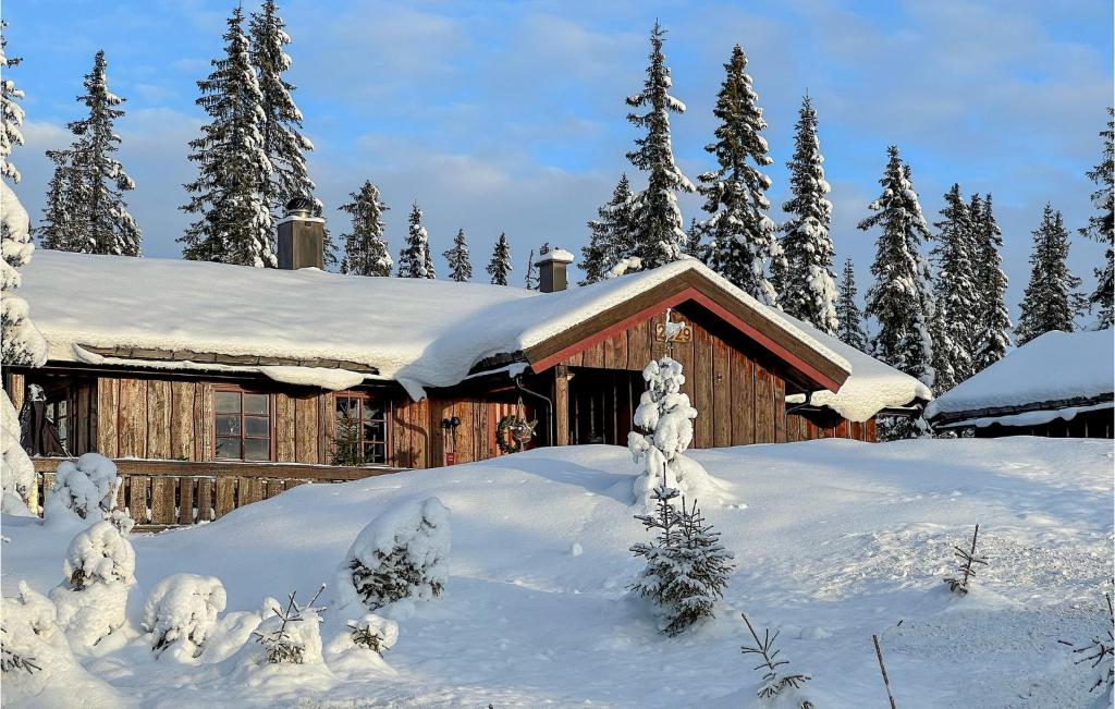 une maison recouverte de neige avec des arbres en arrière-plan dans l'établissement Nice Home In Sjusjen With Sauna, à Sjusjøen