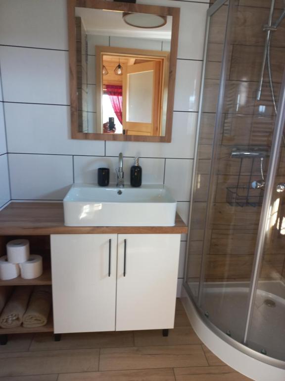 ein Bad mit einem Waschbecken und einer Dusche in der Unterkunft Domki POD STARĄ PODKOWĄ Limanowa Nowy Sącz Kraków in Limanowa