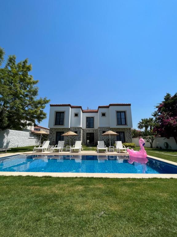 a house with a swimming pool with a pink duck in the yard at La Chance Otel Alaçatı in Alacati