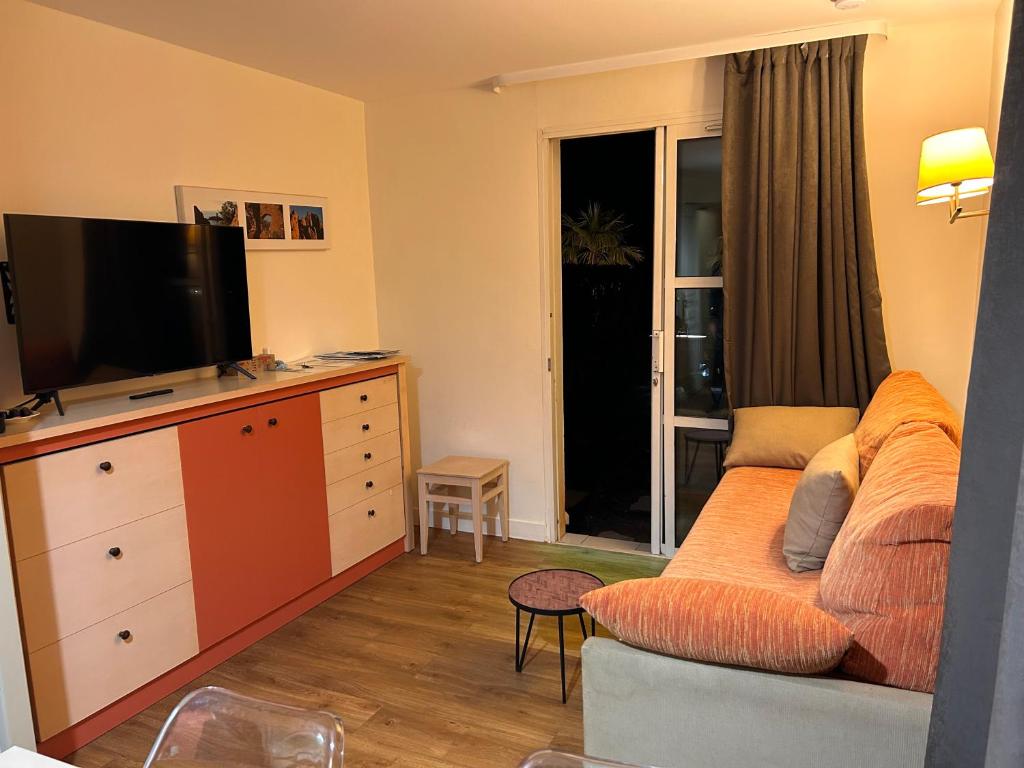 TV a/nebo společenská místnost v ubytování Cap Estérel, 2 pièces, jardin, vue mer et piscine