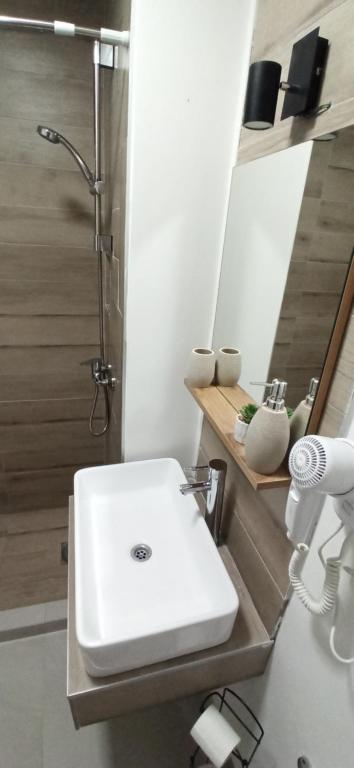 a bathroom with a white sink and a shower at Sunčani apartman 2 in Krupanj