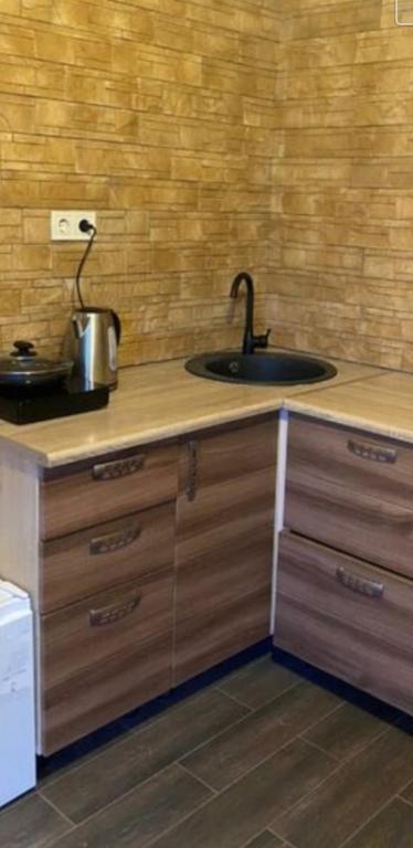 una cucina con un lavello e un piano di lavoro di Lauku street private apartment a Liepāja