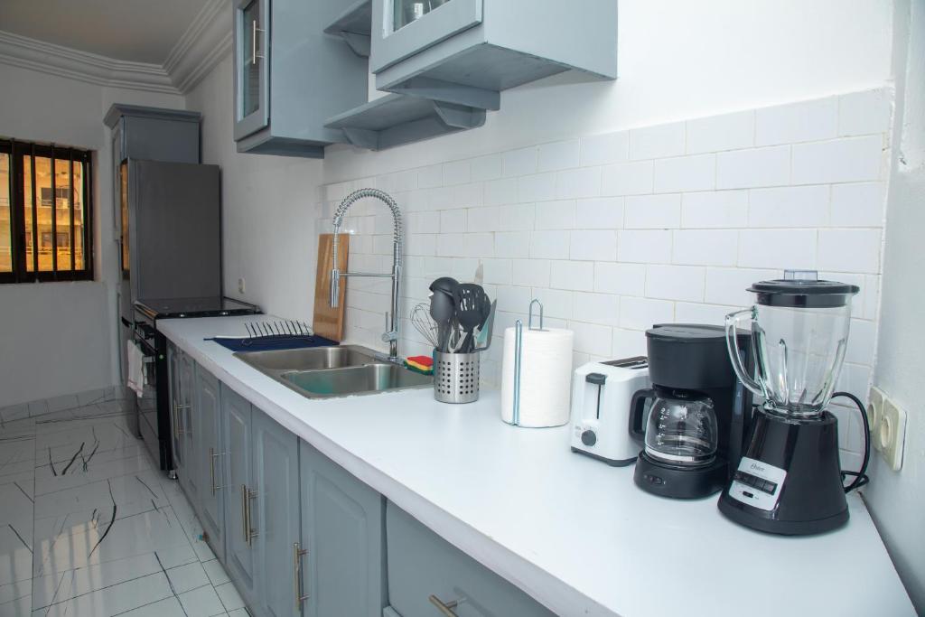 a kitchen counter with a blender and a sink at Résidences Inaya in Cotonou