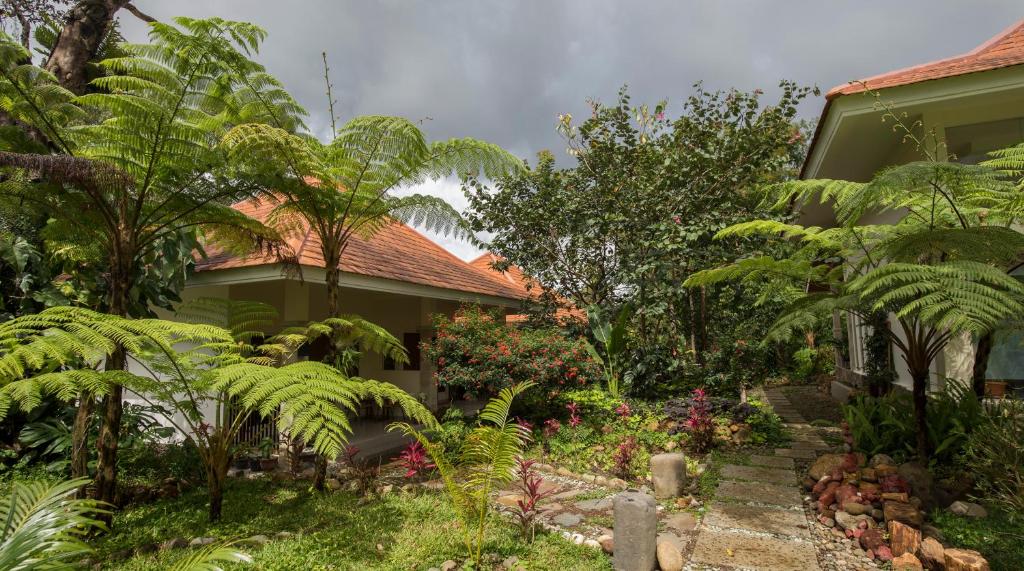 un jardin en face d'une maison ornée de plantes dans l'établissement Ara Garden Inn, Accommodation, Yoga studio & Spa, à Ruteng