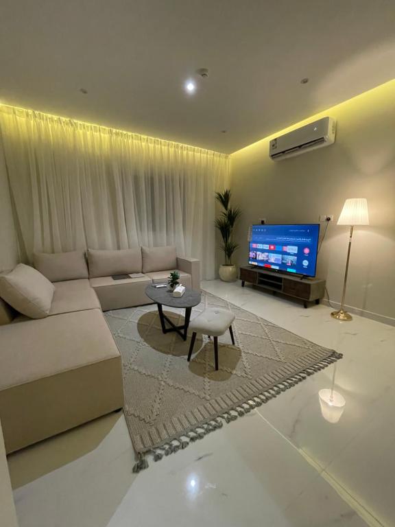 a living room with a couch and a tv at AMA APARTMENT in Ar Rass