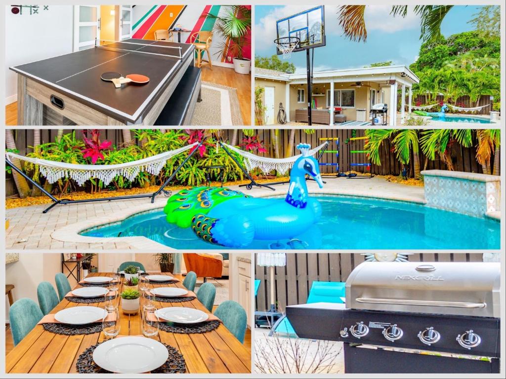 a collage of pictures of a pool and a house at Colorful Home - Pool - Game Room - Basketball Court - BBQ & More in Fort Lauderdale