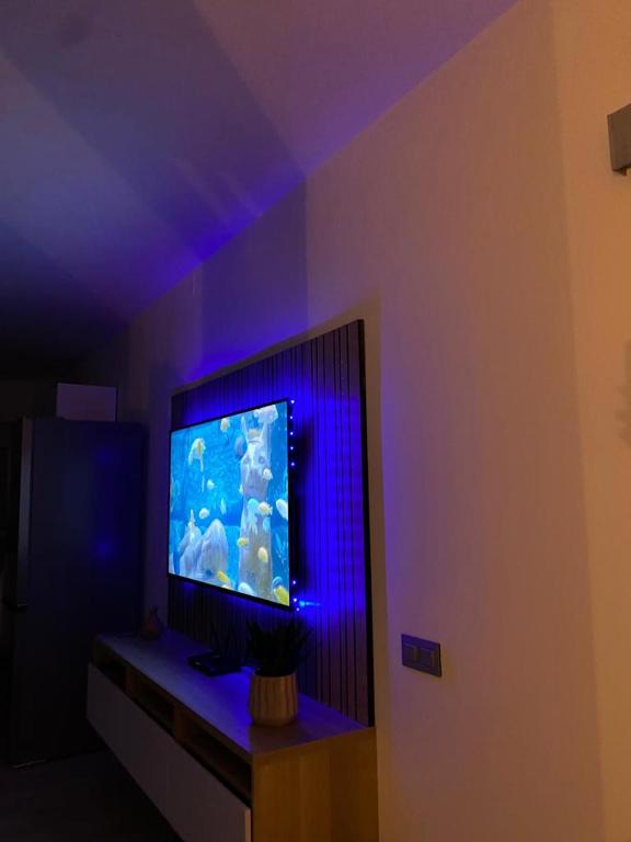 a living room with a television with a fish tank at La Lunita in Valverde
