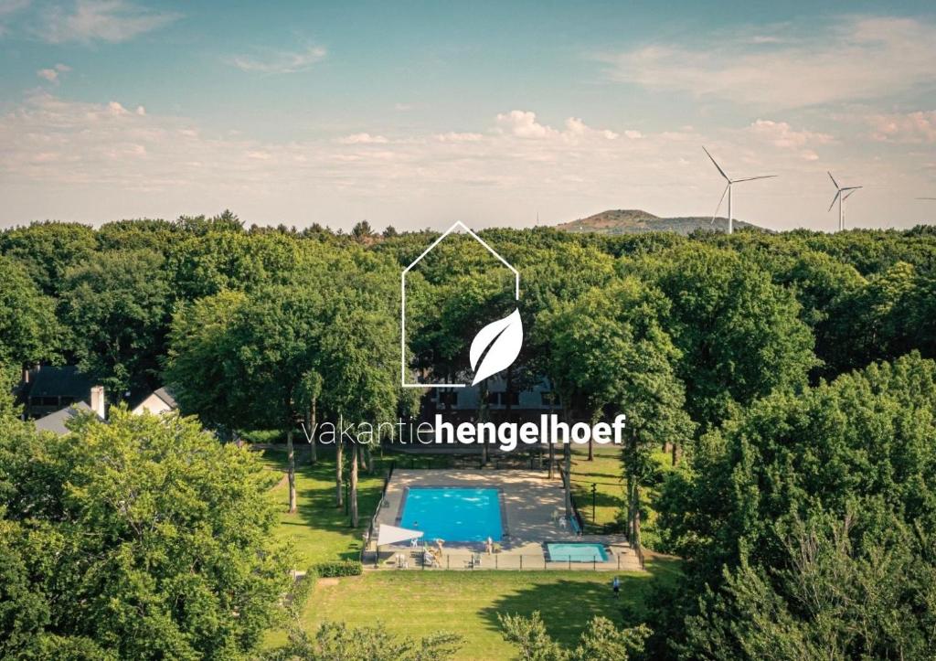 eine Luftansicht auf einen Pool und Windmühlen in der Unterkunft vakantie-hengelhoef in Aan de Wolfsberg