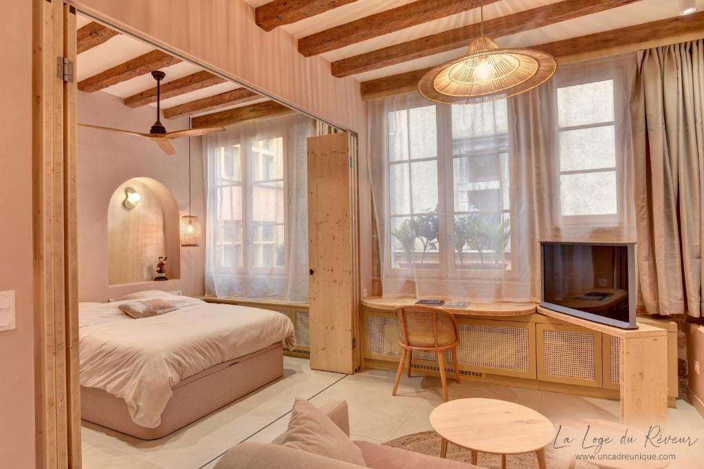 Schlafzimmer mit einem Bett, einem Schreibtisch und einem TV in der Unterkunft La Loge du Rêveur - Spa - Vieux-Lyon in Lyon