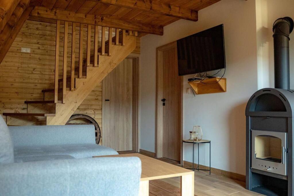 een woonkamer met een bank, een tv en een open haard bij Chalet Kosorky in Čadca