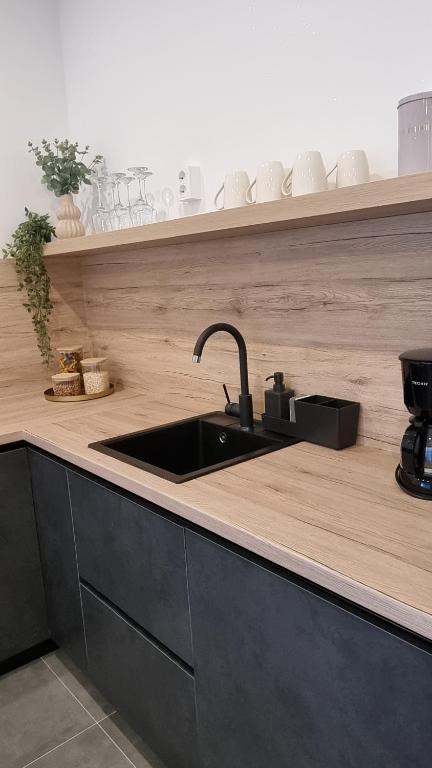 a kitchen with a sink and a wooden counter top at Maslina House in Solin