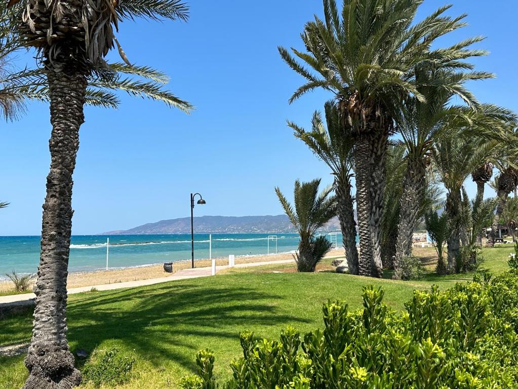 a beach with palm trees and the ocean at PATH Latchi amazing beachfront Apartments in Lachi