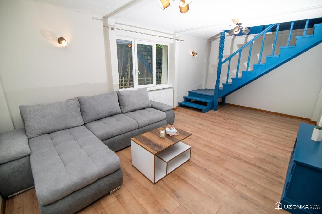 uma sala de estar com um sofá e uma escada azul em Uzonka Guesthouse em Ozunca-Băi
