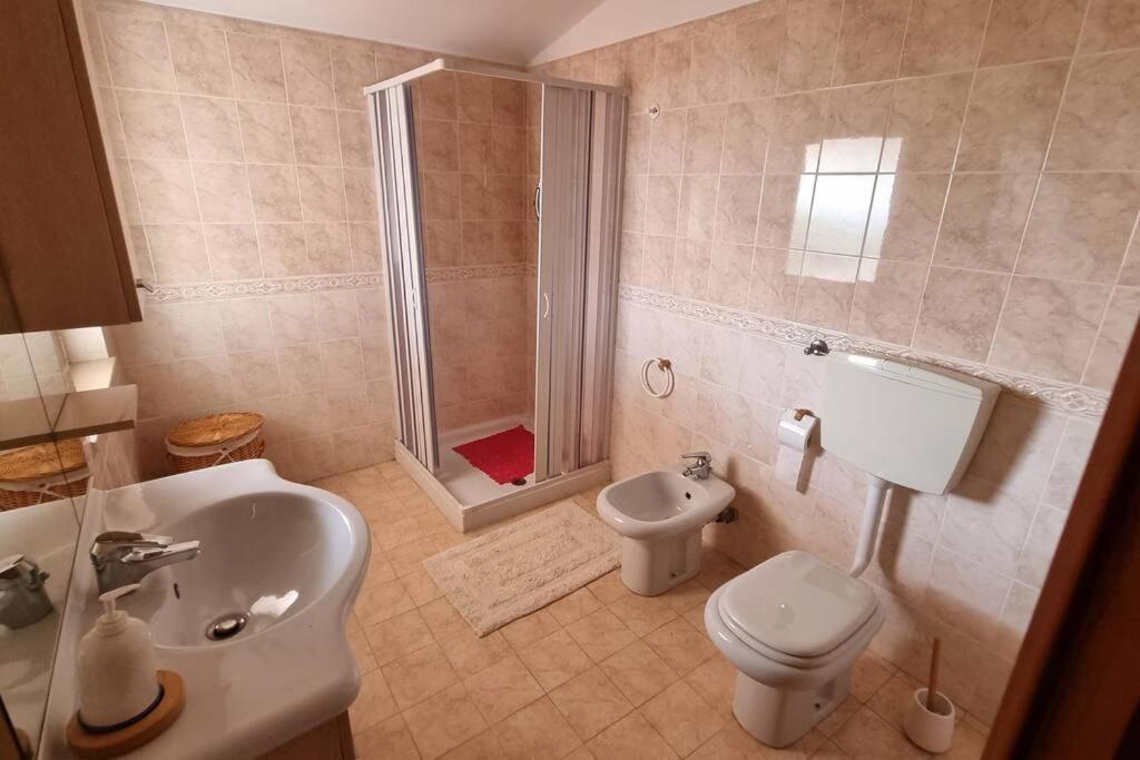 een badkamer met een wastafel, een toilet en een douche bij Villa Garibaldina in Treglio