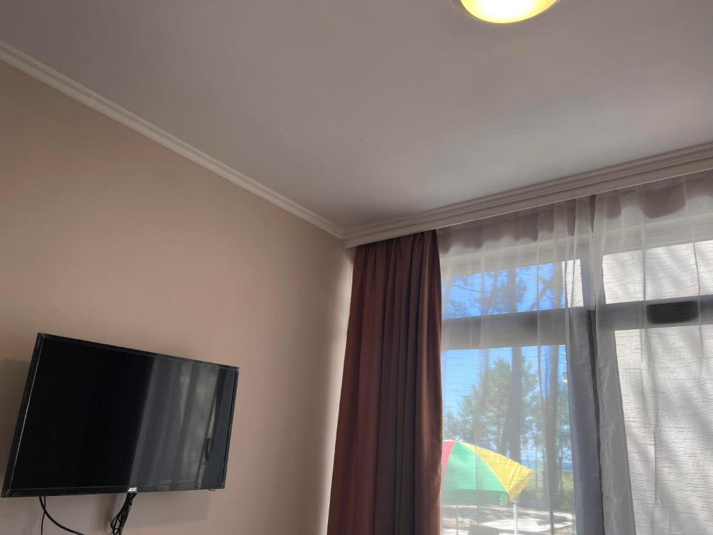 una TV a schermo piatto in una camera con finestra di Villa Premium Shekvetili a Shekhvetili