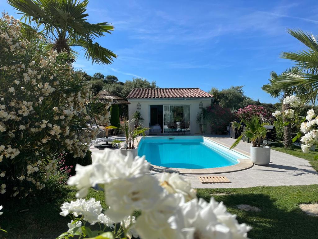 a villa with a swimming pool in a garden at La Thomalie in Crillon-le-Brave
