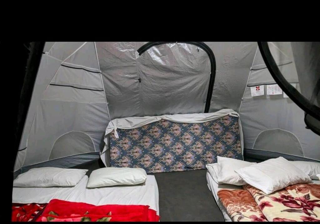 an inside of a tent with two beds in it at Baseet Camping and Restaurant in Gulmit