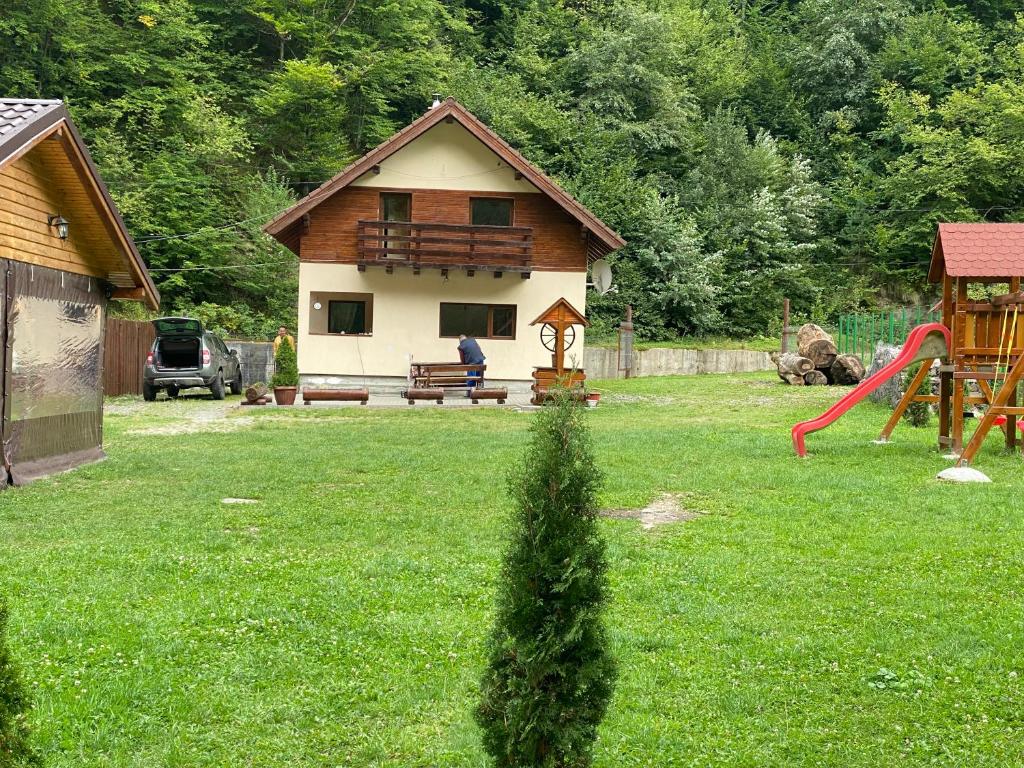 una persona sentada en un banco en un patio con un parque infantil en Casuta din poiana Rau Sadului, en Rau Sadului