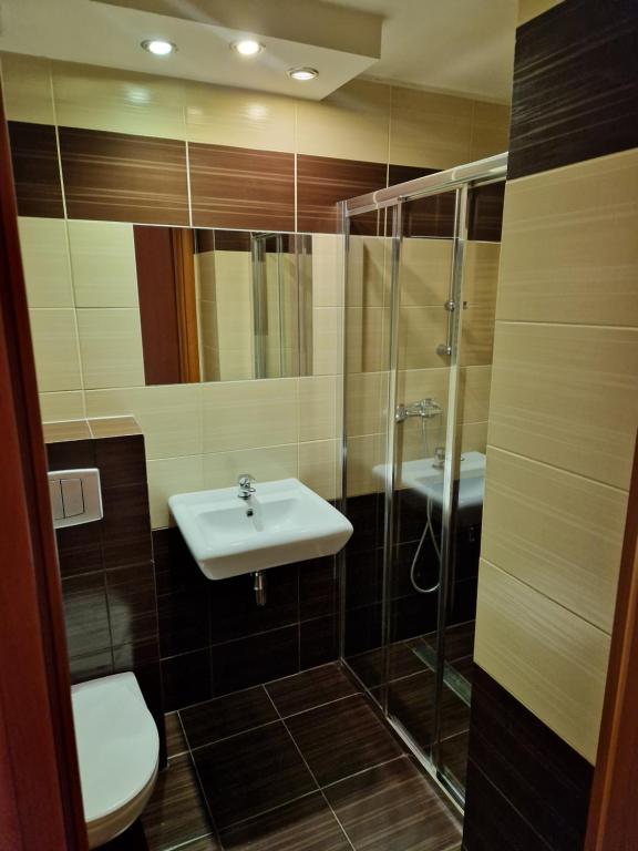 a bathroom with a sink and a shower at Stropnica in Karpacz