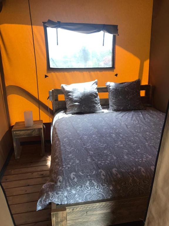 a bed in a room with a window at Camping Le Mondou in Saint-Julien-de-Lampon