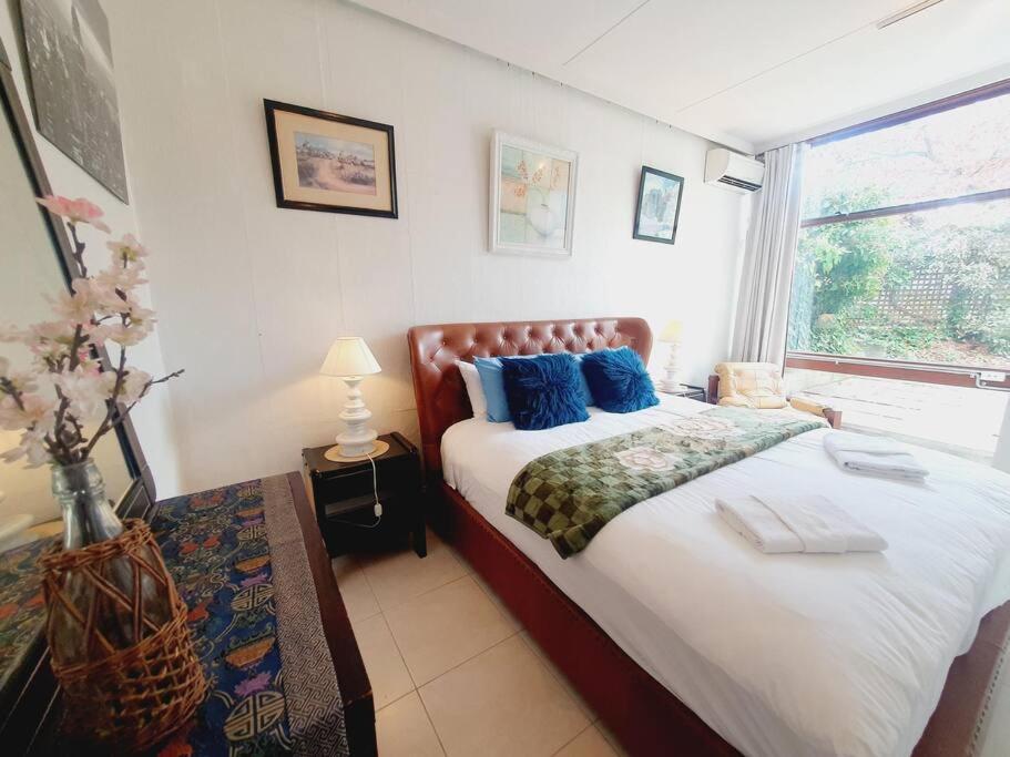sypialnia z łóżkiem z niebieskimi poduszkami i oknem w obiekcie Architectural Bright open place with a private garden at Yarralumla w mieście Yarralumla