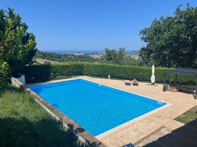 a large blue swimming pool with a person sitting next to it at SeeConero home in Ancona