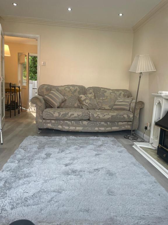 a living room with a couch and a fireplace at Serenity Station in Hornsea