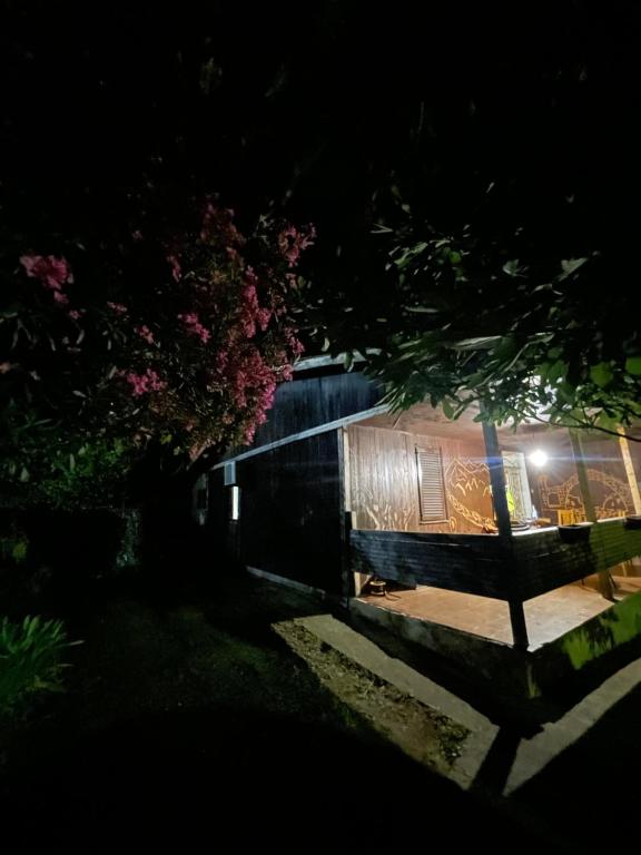 une maison la nuit avec un arbre au premier plan dans l'établissement Bartula Hut in Nature, à Bar