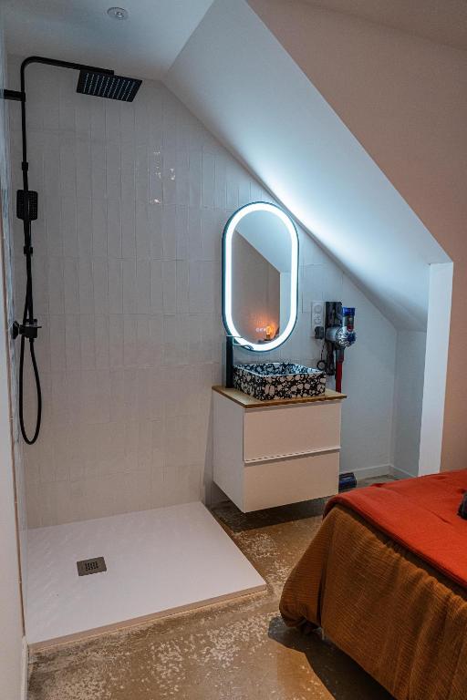 a bathroom with a mirror and a sink in a room at Maison Arthur in Aigues-Mortes
