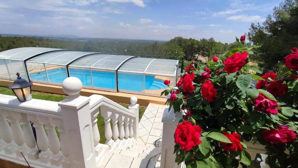 a house with a swimming pool and red roses at Casa rural en Casas de Moya 'Casa del Pino Gori' 