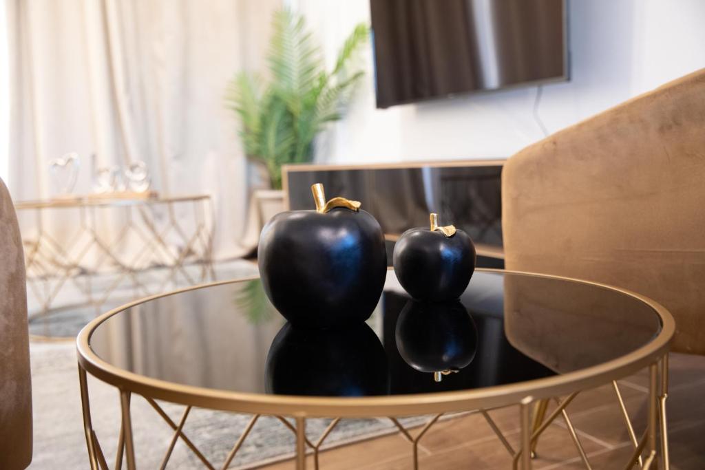 尼科西亞的住宿－Glamorous, Renovated 3-Bedroom Apt in Nicosia，两个黑胡椒坐在玻璃桌旁