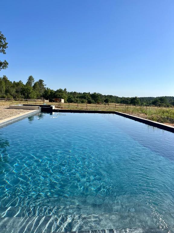 une grande piscine d'eau bleue dans un champ dans l'établissement La cabane de babarot, à Aups