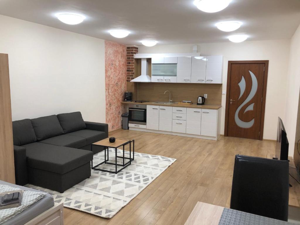 uma sala de estar com um sofá e uma cozinha em ДОМ1 em Varna City