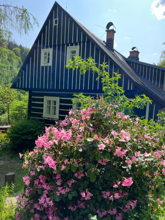 una casa azul con flores rosas delante en Roubenka Bratrouchov en Jablonec nad Jizerou