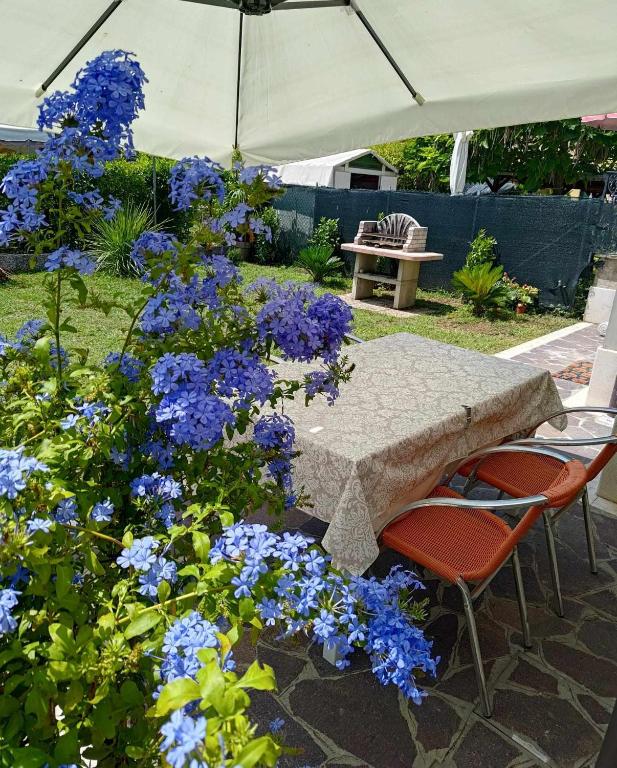 a table and chairs next to some blue flowers at Berto's house tra mare e laguna in Cavallino-Treporti