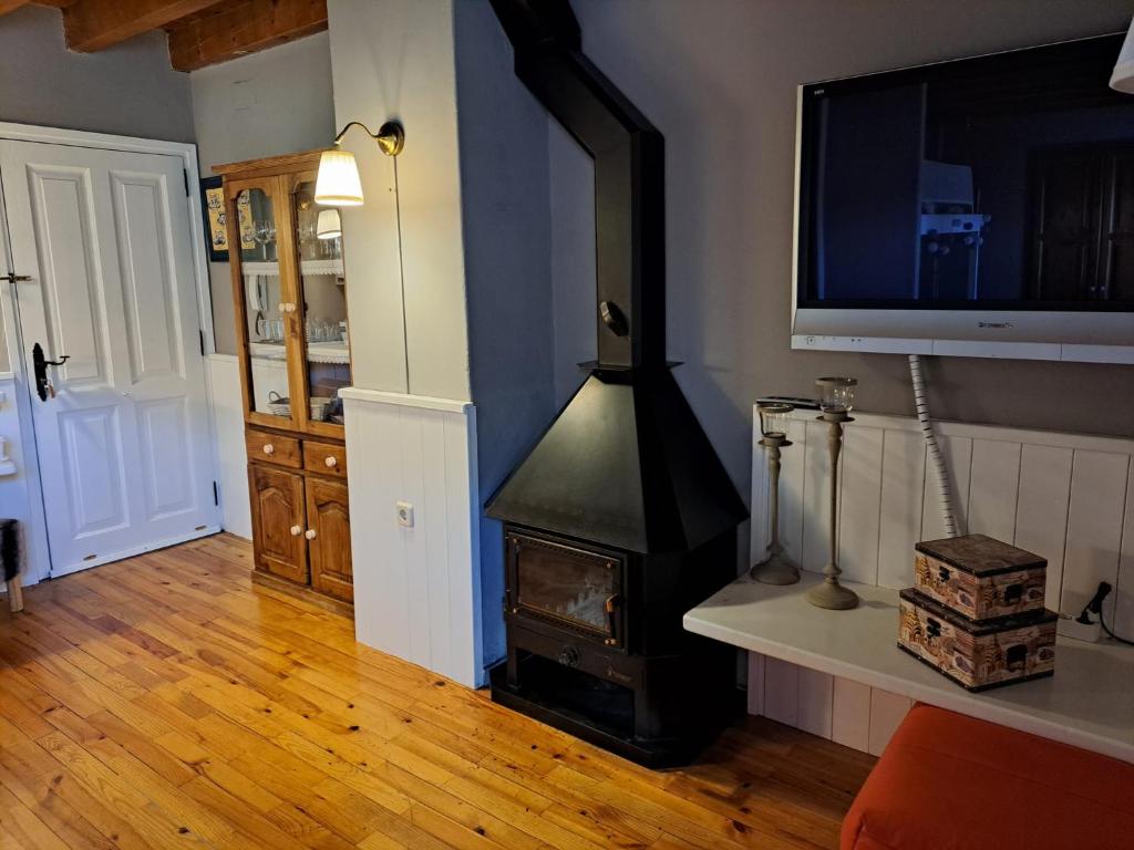ein Wohnzimmer mit einem Kamin und einem Flachbild-TV in der Unterkunft Apartamento con encanto in Pla de l'Ermita